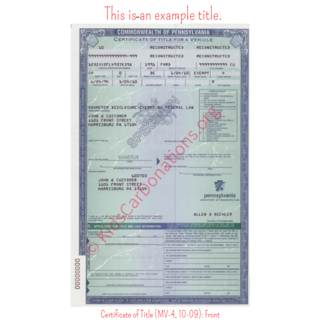 This is an Example of Pennsylvania Certificate of Title (MV-4, 10-09) Front View | Kids Car Donations